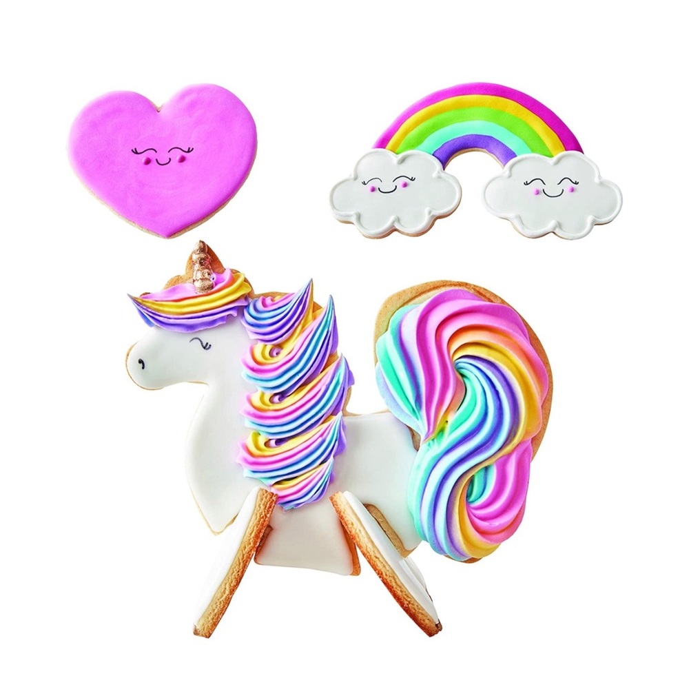 NEW 3D Unicorn Cookie Cutter Set Hearts Rainbows - Chicago Metallic Baking Tool